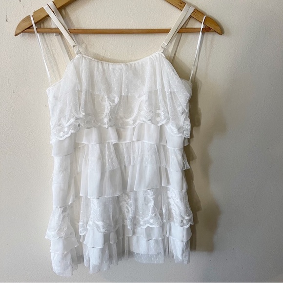 Temperance White Lace Tiered Ruffle Tank Top Bra Strap Adjustable Women’s Small - Picture 2 of 10